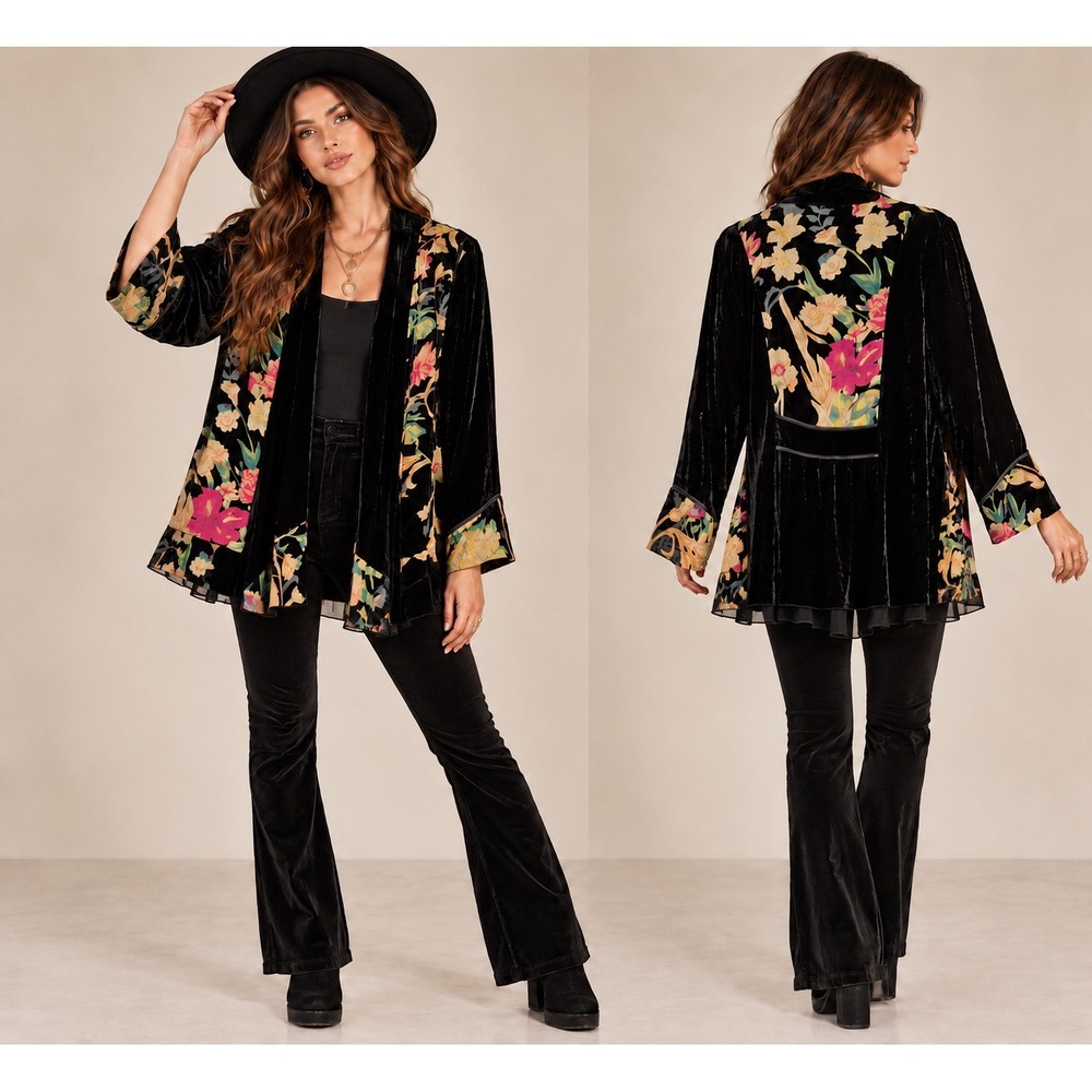 Whimsigoth Witchy Boho Black Floral Burnout Kimon Duster Silk Blend Oversized S